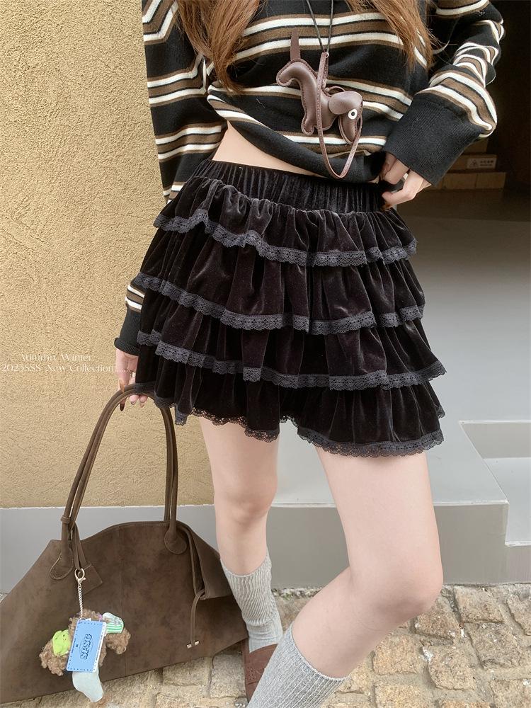 2025 Velvet Lace A-Line Skirt: Sweet, High-Waist, Fluffy Short Skirt for Women - Perfect for Autumn/Winter Large чёрный