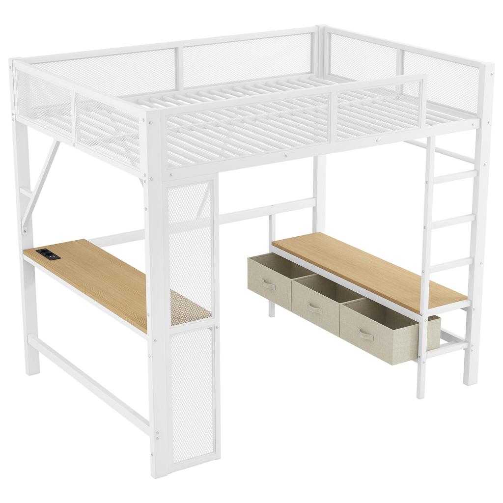 140 x 200 cm Metal Play Loft Bed with USB, LED, Desk, Open Wardrobe and 3 Laundry Drawers, White