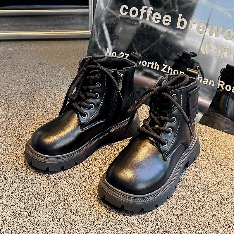 Children Platform Ankle Boots New Round-toe Black Boots for Girl Solid Color Causal Kids Fashion Short Leather Boots Side Zipper