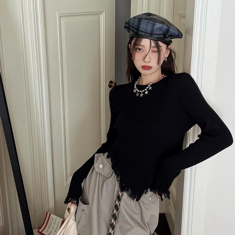 Gray fringed irregular shirt women s autumn inner long-sleeved knitted sweater short one size fits all чёрный