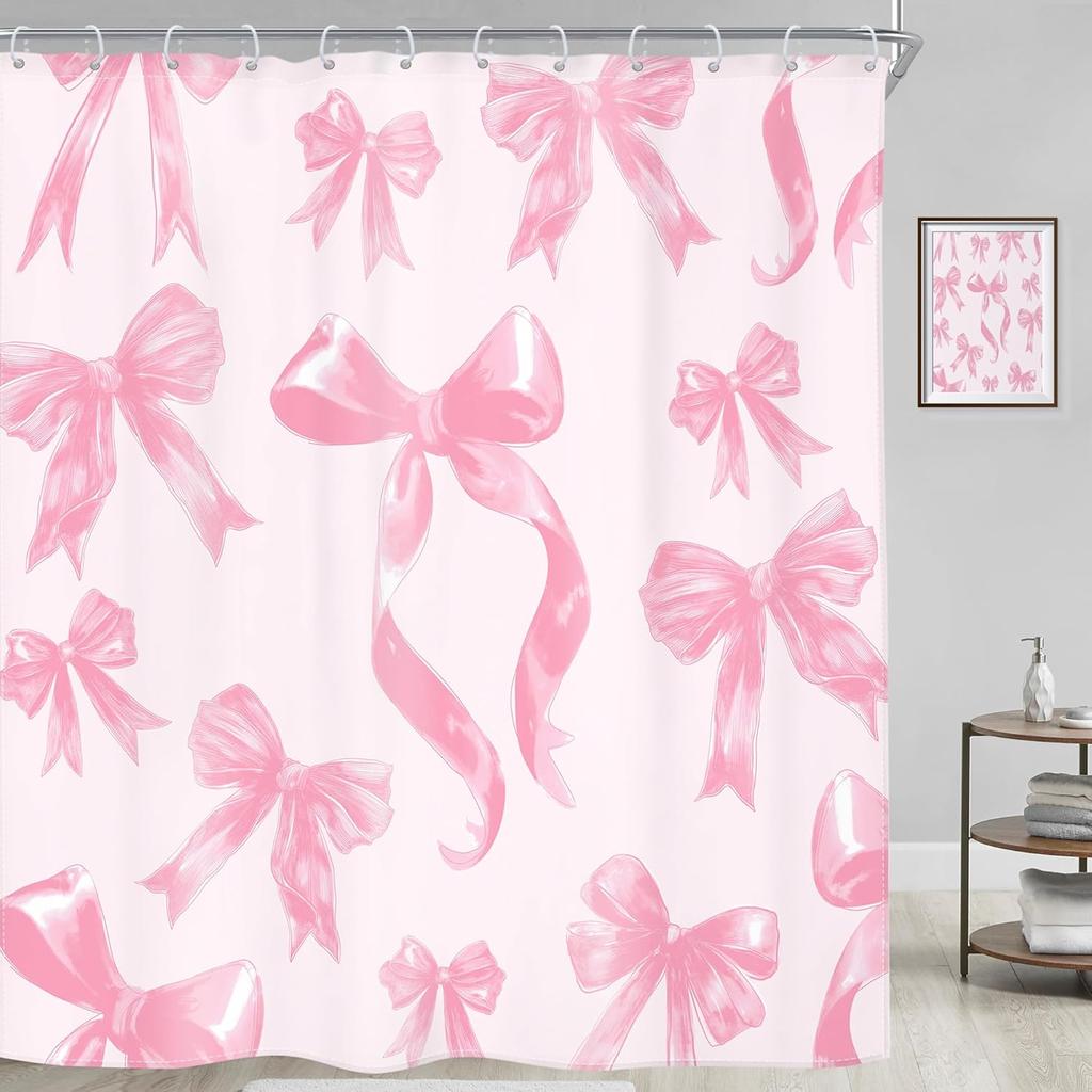 Pink Bow Shower Curtain Girly Preppy Elegant Modern Fashion Sweet Aesthetic for Girls Women Kids Bathroom Decor with Hooks