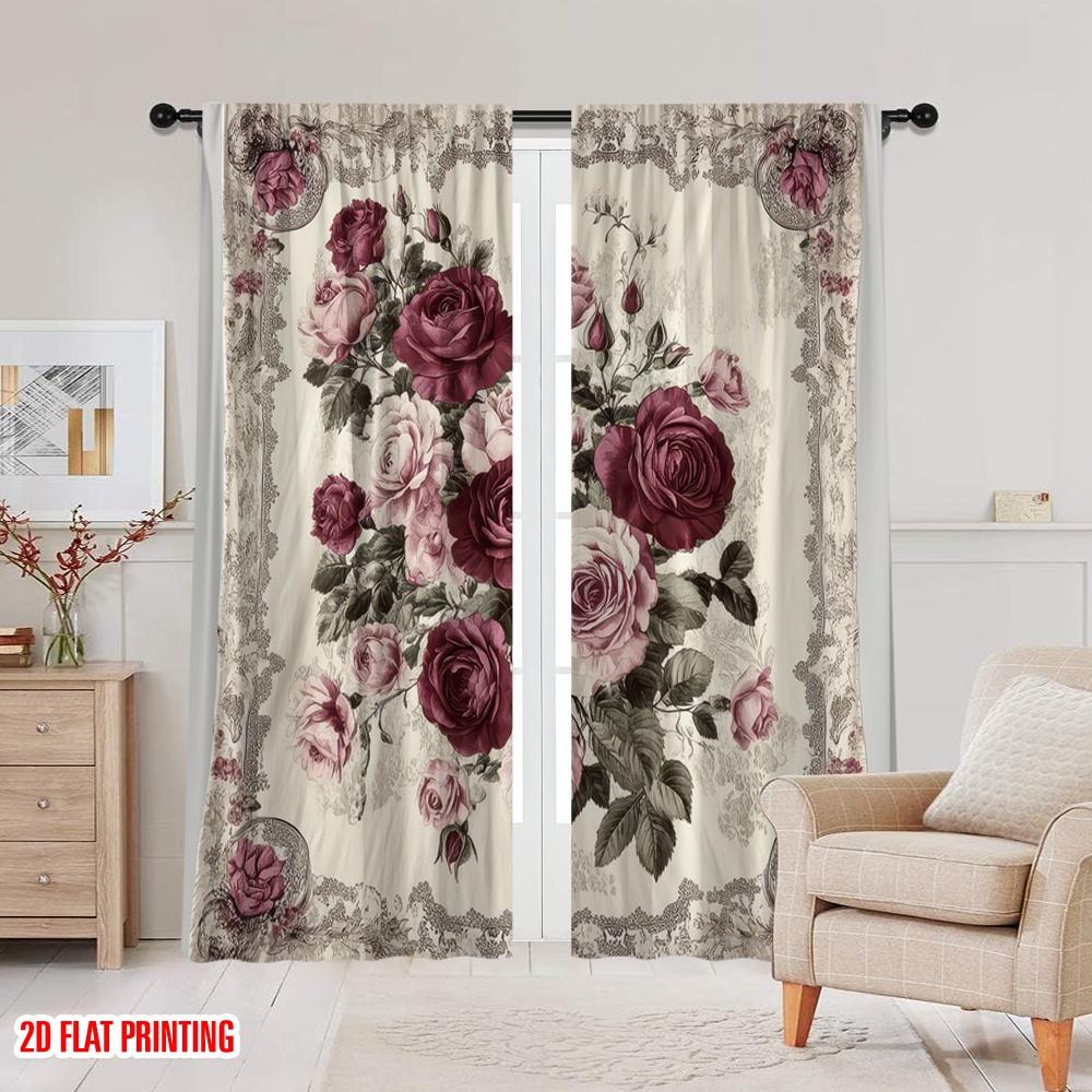 2D flat printing 2pcs Party Window Curtains Floral Rose Versatile Fabric  Without Electricity Holiday Decorations Applies to room