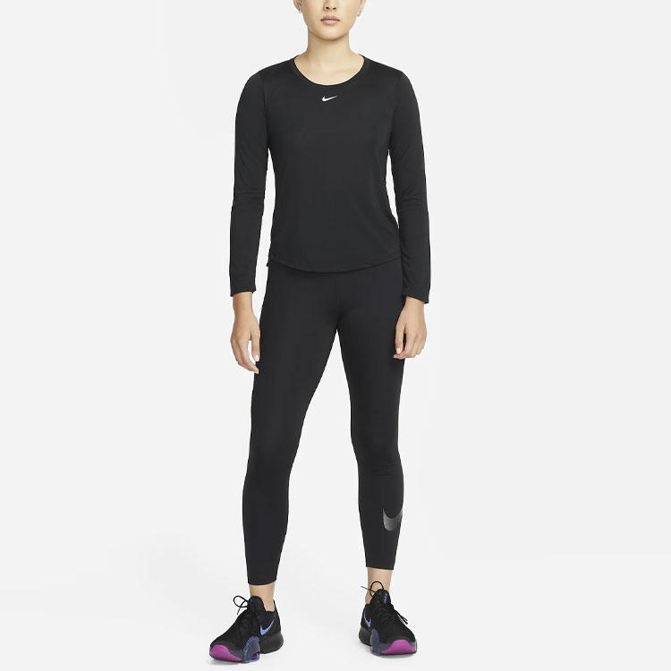 Nike Breathable Quick-Dry Solid Color Logo Round Neck Long Sleeve Drop Shoulder T-Shirt Women T-Shirt Black DD0642-010