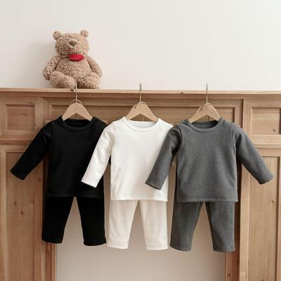 Children's Solid Color Warm Two-Piece Set for Autumn/Winter - Base Layer Shirt and Home Wear for Boys and Girls