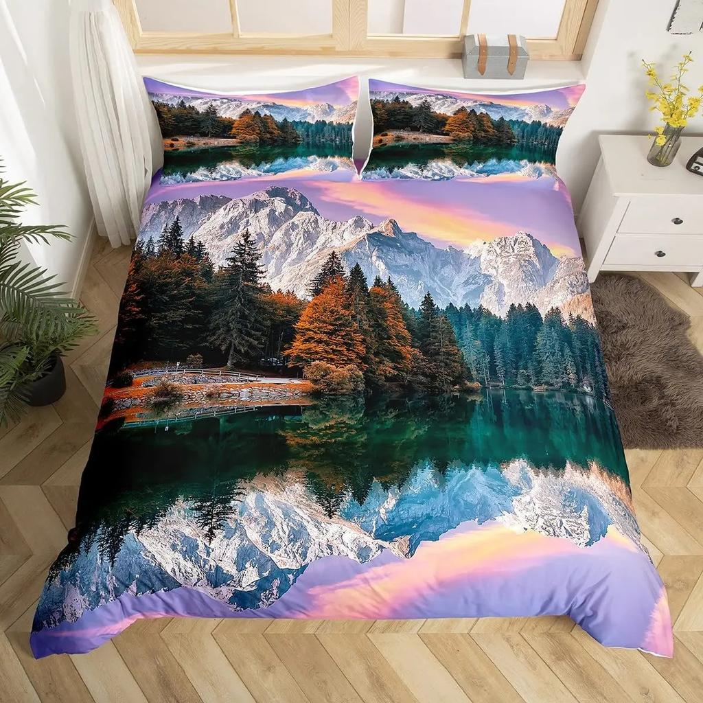 Nature Landscape Duvet Cover Sunset Comforter Cover Lake Landscape Bedding Set Polyester Spring Flower Bedspread Cover King Size