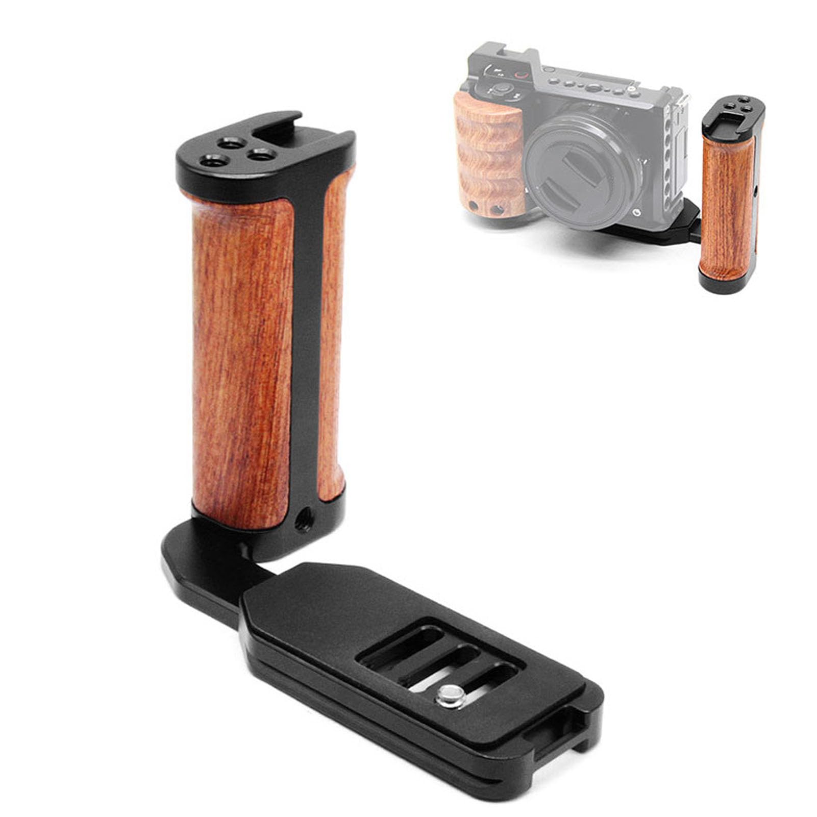 

Camera Handle Wooden Camera Handle Grip with Quick Release Cold Shoe Universal Slot Aluminum Wood L-Bracket, Left-Hand L-Shaped Plate, Built-in Mount,