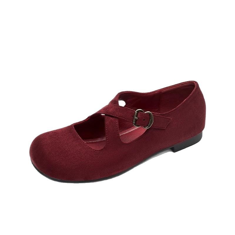 Sheepskin Version~ Genuine Leather Retro Small Man Inner Height Increase Red Light Mouth Single Shoes Women's Cross Belt Mary Jane Small Leather Shoes