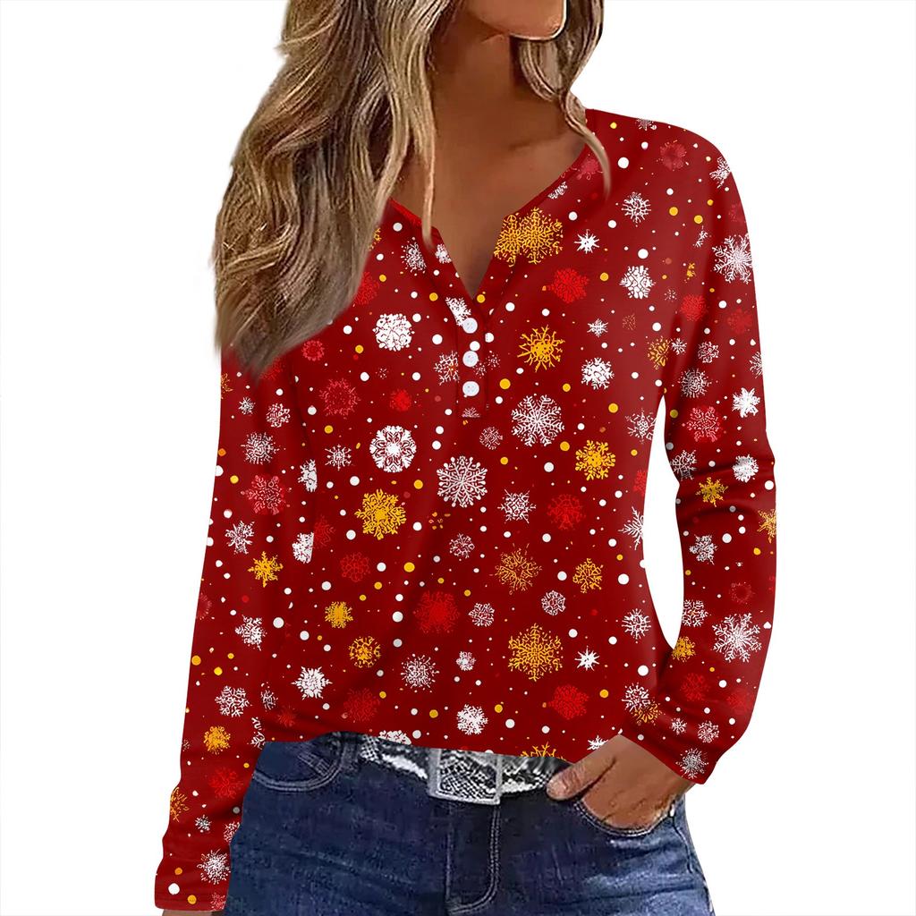 Women's T Shirt Tee Christmas Print Button Long Sleeve Daily Weekend Fashion Basic V- Neck Regular Top