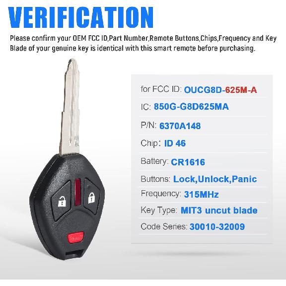 Head Key Fob Keyless Entry Remote Replacement for Mitsubishi Outlander 2007-2016 for I-MeiV 2011-2014(FCC:OUCG8D-625M-A P/N:6370A148) 3 Buttons