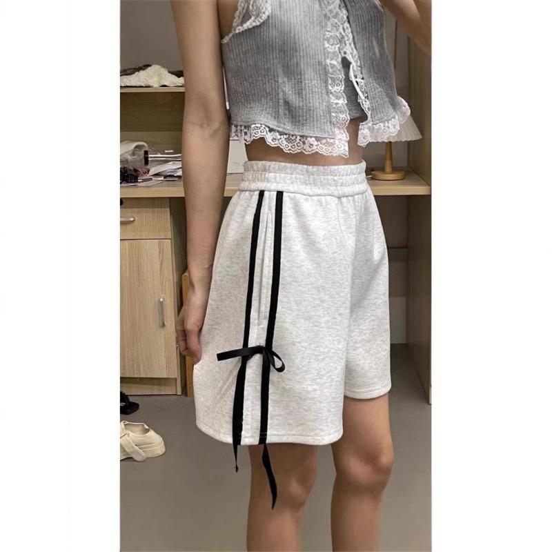 Women's White High-Waisted Sport Shorts - Summer Bow-Tie Design Wide-Leg Mid-Length Shorts
