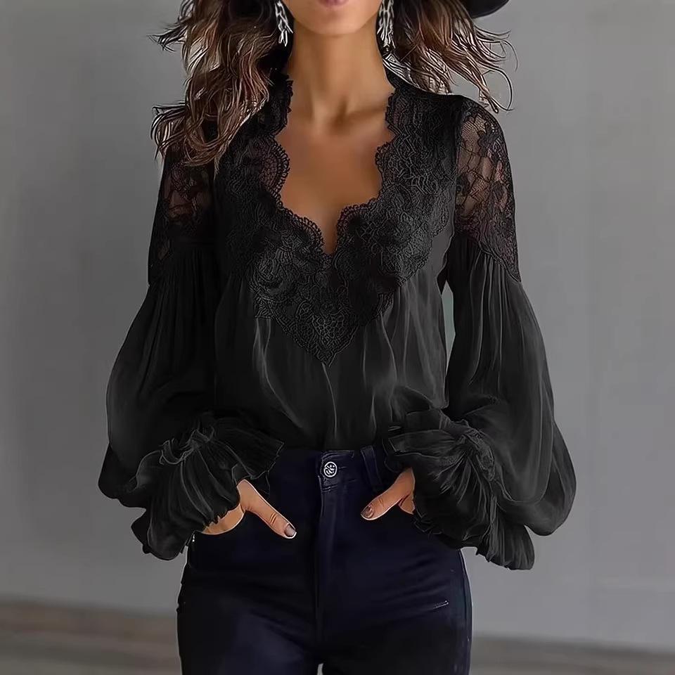 Evropská a americká krajková patchworková plisovaná dámská košile s nabíranými rukávy (2026)