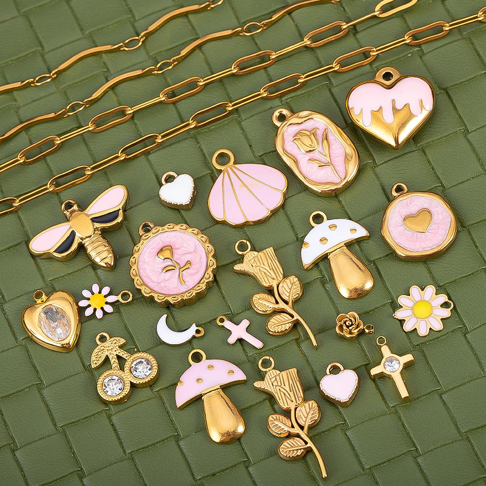 2pcs Gentle Pink Enamel Stainless Steel Charms Rose Flower Starfish Butterfly Necklace Pendant Women DIY Earring Jewelry Making