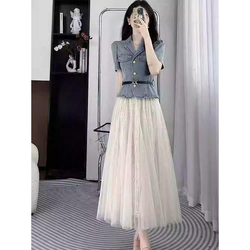 French Denim Short Sleeve Shirt & High-Waist A-line Skirt Set for Women - Summer Slim Fit