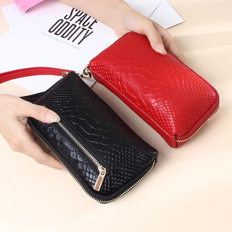 Top Layer Cowhide Women's Clutch: Genuine Leather Long Wallet with Three-Layer Zipper, Large Capacity, Wrist Strap.