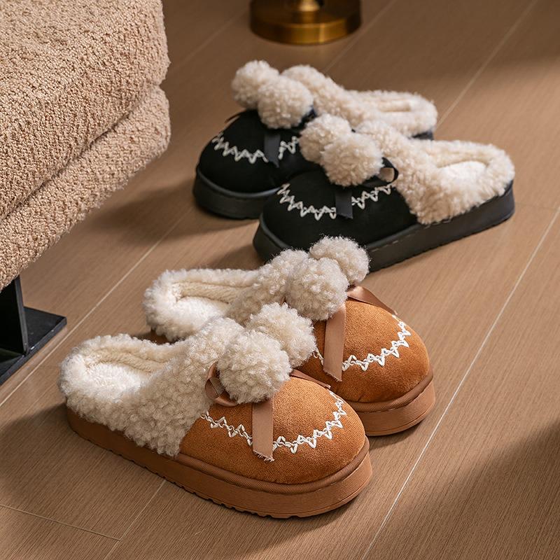 Fluffy Pom-pom Cotton Slippers Women's Winter Indoor Home Non-slip Thick Bottom Velvet Warm Outer Wear Cute Cotton Drag Women's Models
