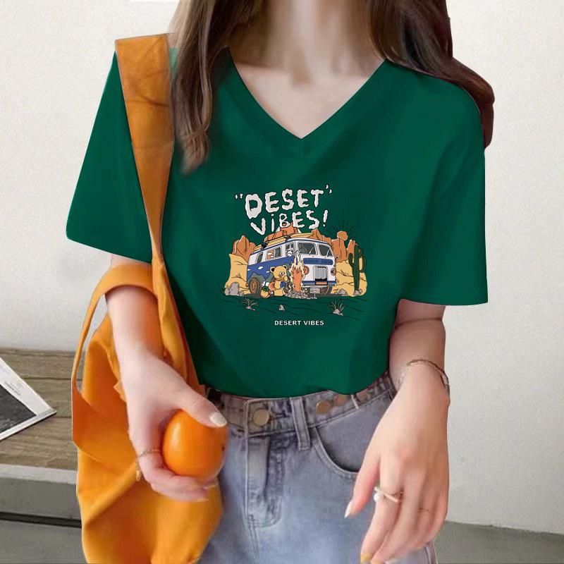

Cotton printed short-sleeved t-shirt women s summer new design niche front shoulder top XXXL
