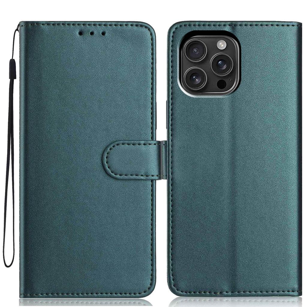For iPhone 16 Pro Max Wallet Case with Strap/Multiple Card Slots Solid Color Leather Stand Phone Cover