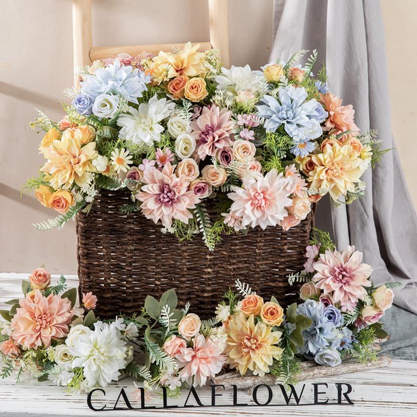 1Pc Artificial Flowers Dahlia Little Roses Combination Wedding Bridal Bouquet Festival Wreath Home Floral Arrangement Room Decor