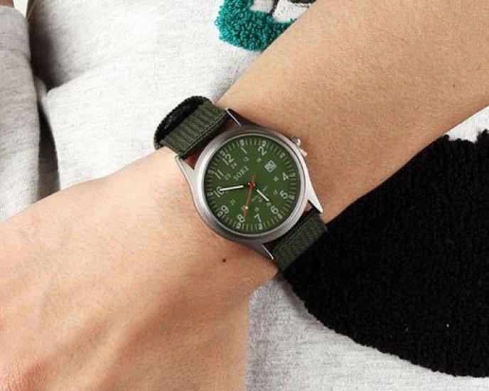 Plus Nao Military Date Stylish Green Men's Watch, Analog, Style, Round, Canvas, Display, Luminous, -