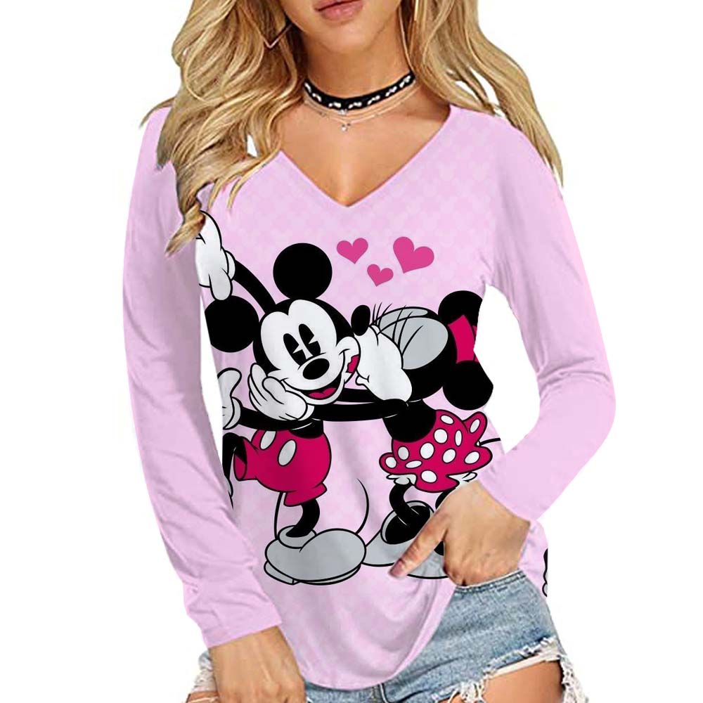 Disney Mickey Mouse Printed Women's Basic Long Sleeve Loose V-neck T-shirt Autumn/Winter 10 Color T-shirt Street Wear