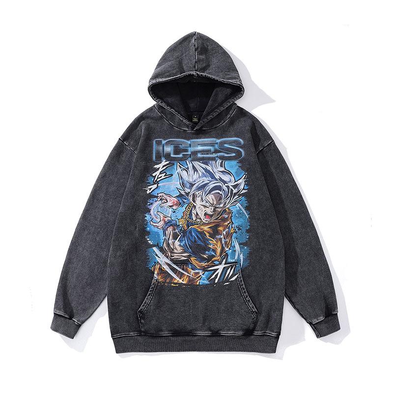 Sweat à capuche Rétro Tendance Marque Hip Hop Street Lavage à l'eau Aspect Vieilli Impression Dessin Animé Japonais Sweat à Capuche Hommes et Femmes Tendance