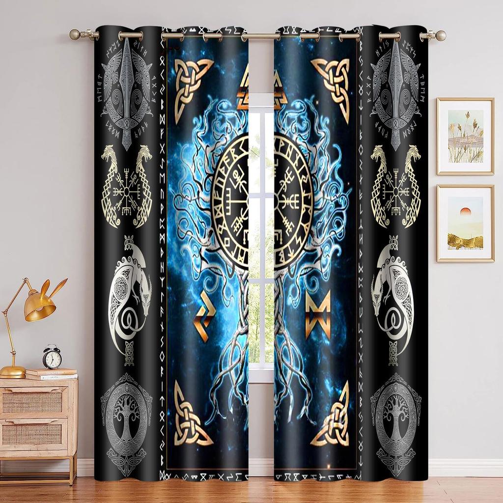 Viking Blackout Curta Scandinavian Pirate Totem Printed Curtain Room Darkening Ancient Mythology Tree of Life Window Treatments for Bedroom Living