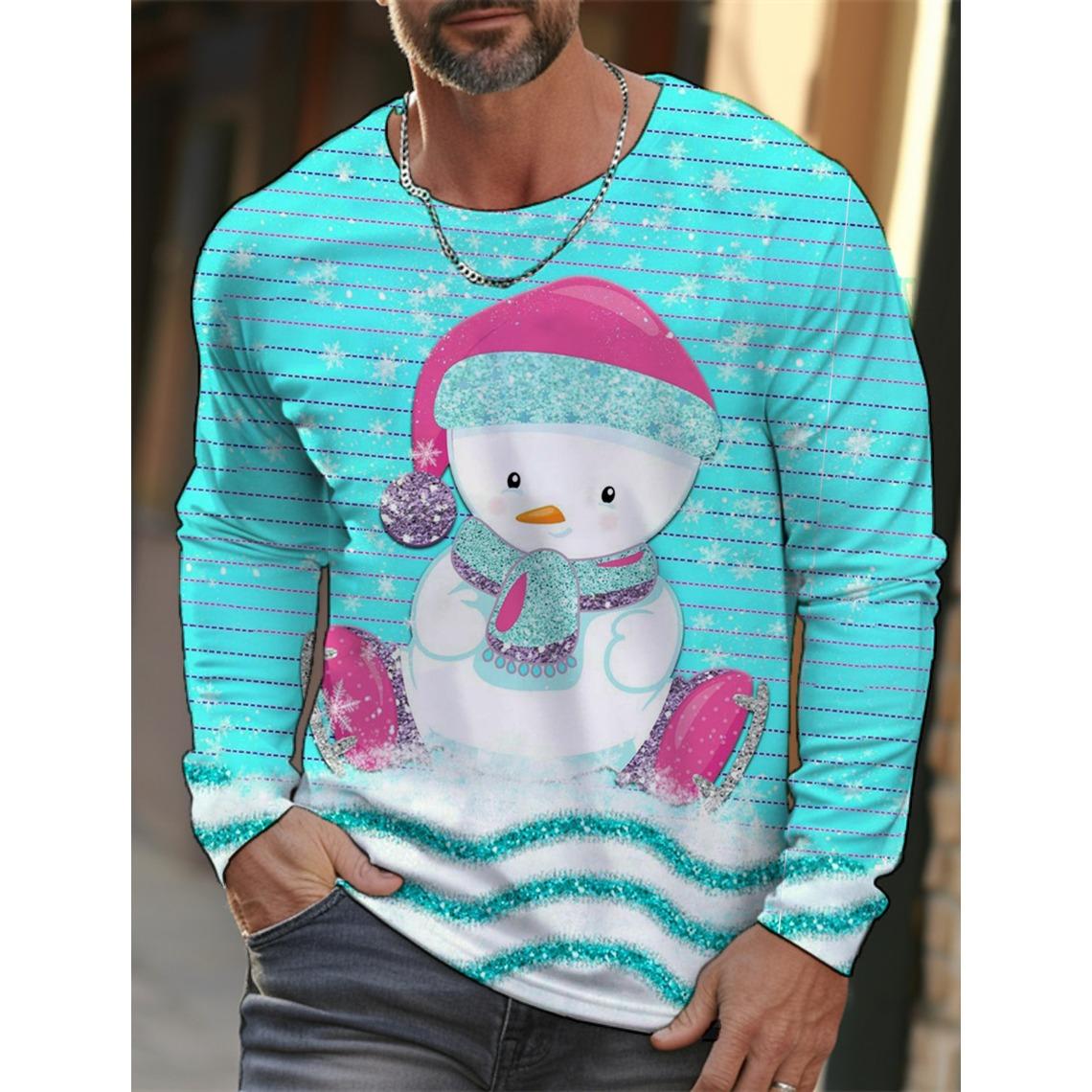 ETST0011 Heren Kerst Sneeuwvlok Print Lange Mouw T-shirt Kerst Cartoon Patroon Sport Casual Schattig Polyester Ronde Hals Lange Mouw 3XL