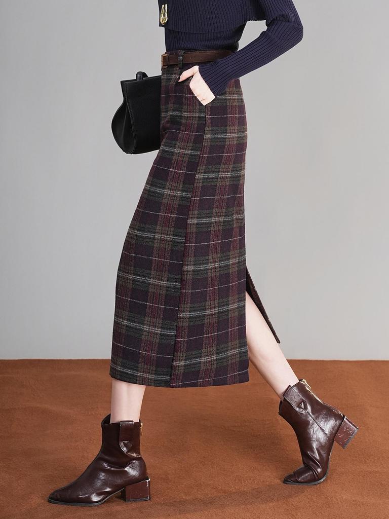Plaid Wool Blend Split Pencil Skirt - 2025 Winter Mid-Length Vintage Style