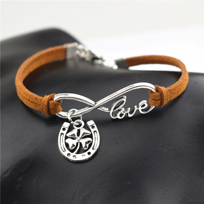 

Кожаный браслет «Бесконечная любовь» с лошадью и подковой для женщин и мужчин, копыта, счастливый подарок, браслеты с подвесками в виде четырехлистного клевера светло-коричневого