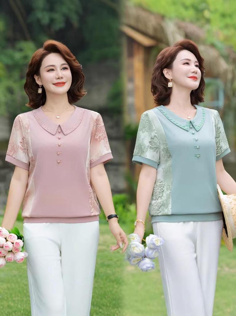 2026 Elegant Short-Sleeved Plus Size Set for Middle-Aged Women – Summer Chinese Style Loose Top Blouse
