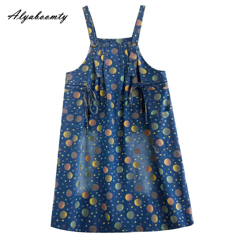 Letní ženy v korejském stylu Potisk Džínovina Midi Sundress Podvazky Vintage Ležérní Šaty s volným šněrováním Stylové pytlovité šaty s kapsami bez rukávů