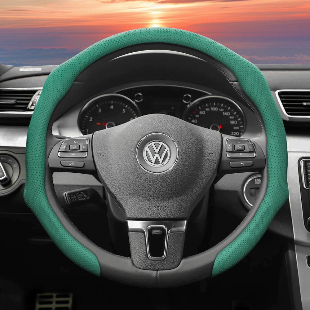 Suitable for Volkswagen Perforated Leather Steering Wheel Cover, Non-Slip Breathable Integrated Protective Case Golf Passat Polo Jetta