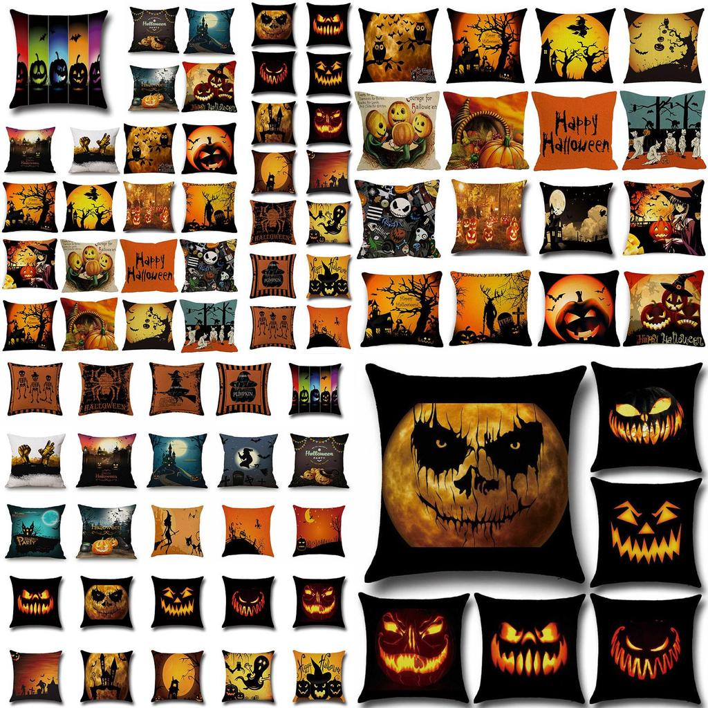 Festive Halloween Pumpkin Patterned Linen Pillow Case For Sofa Or Chair Decoration