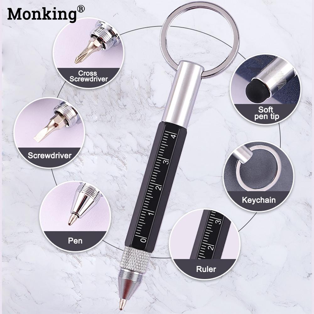 Monking 6 In 1 Multifunctional Pen With Keychain Touch Screen Stylus Capacitive Pen With Screwdriver Ruler Ballpoint Pencil Tool