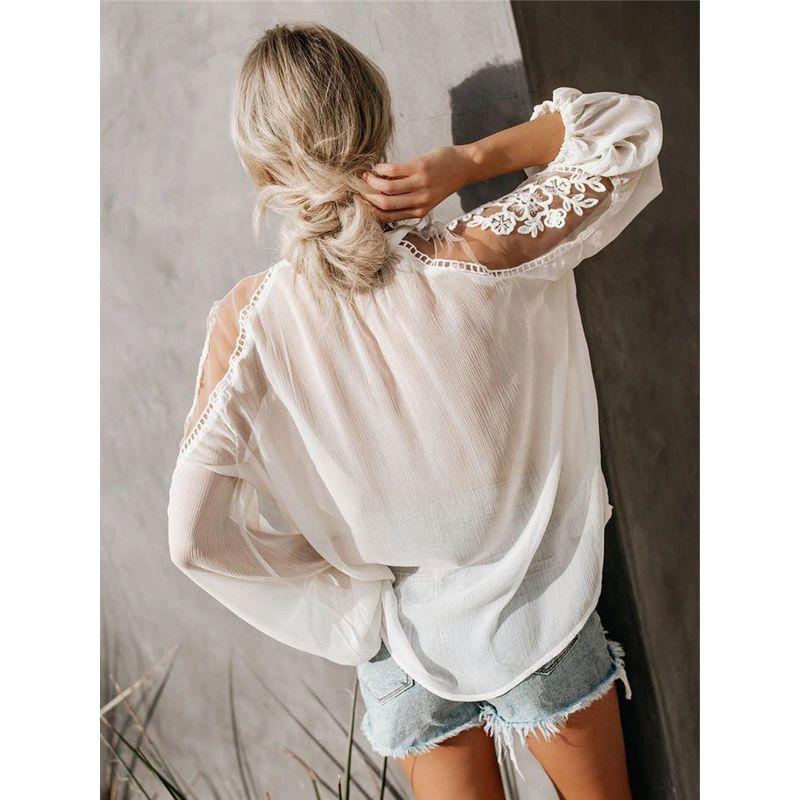2019 Summer Women Blouse Casual Lady V Neck Lace Blouse Tops