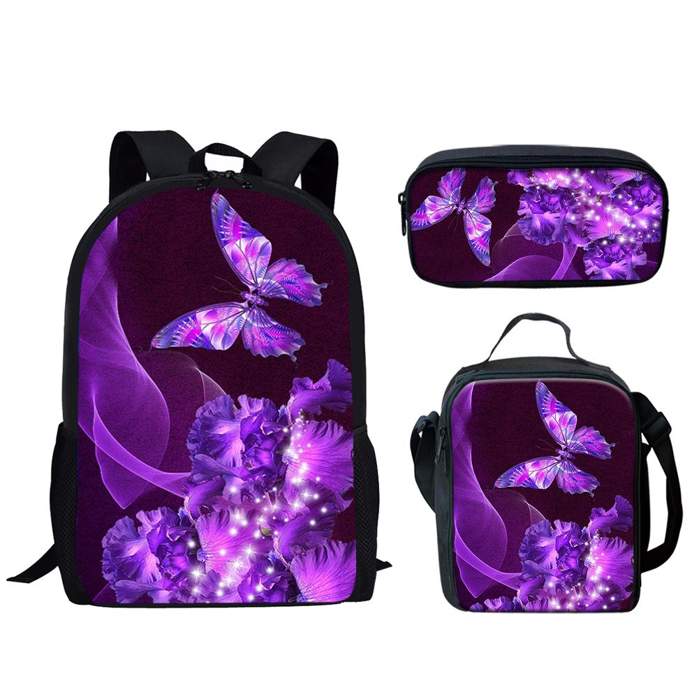 Hip Hop Youthful Purple Butterfly Moon 3D Print 3pcs/Set Student Travel bags Laptop Daypack Backpack Shoulder Bag Pencil Case