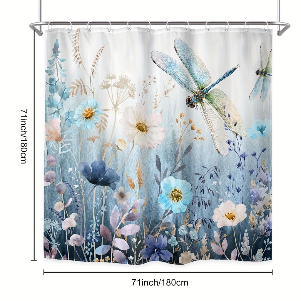 1Pc Watercolor Blue Dragonfly Shower Curtain - Wildflowers & Grass, Polyester, 71X71", 12 Hooks,Waterproof Modern Bath Accessory