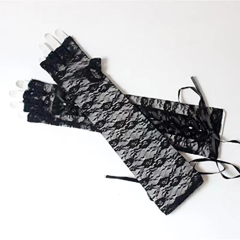 Black Lace-Up Fingerless Gloves - Elegant Half-Sleeve COS Accessories