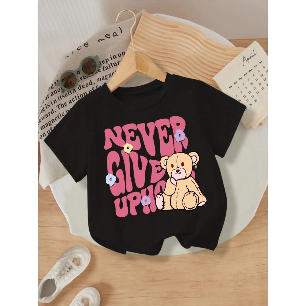 

Black short sleeved shirt with letters and bear cartoon patterns, suitable for daily outings 140