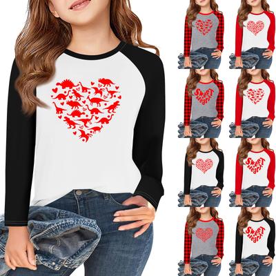 Långärmade T-shirts för flickor med kärlek och alla hjärtans dag-motiv, hösttoppar, rund hals, enkla T-shirts för barn, 5-14 år