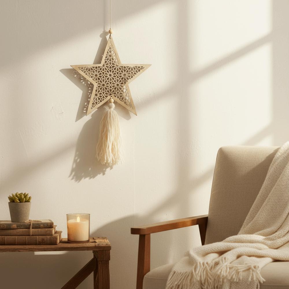 Wooden Material Ramadan Ornaments Hollow Mesh Moon Shape Hanging Decor Star Shape Tassel Design Muslim Decor Ramadan Celebration