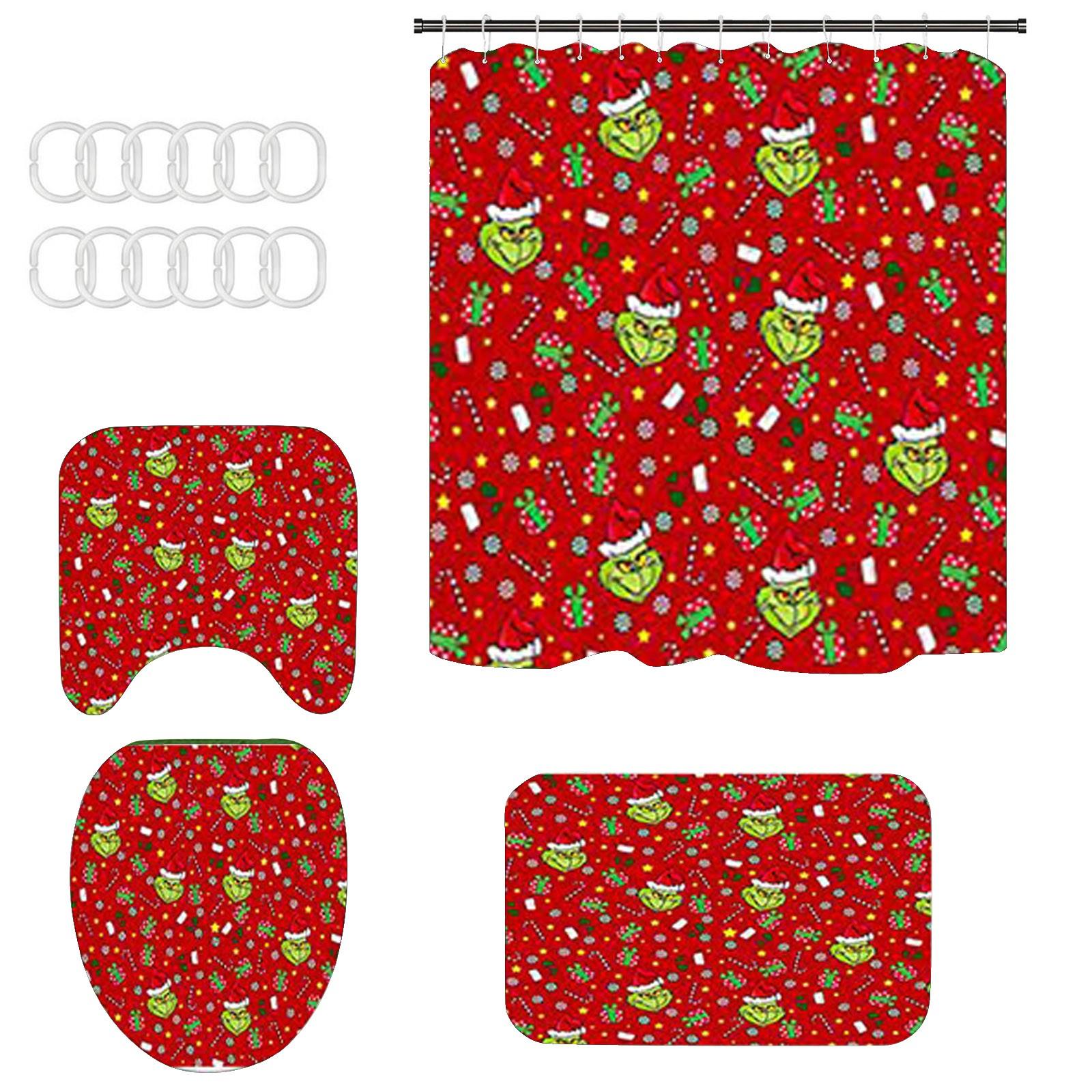 

Non Slip Bathroom Rug Set with Shower Curtain Toilet Lid Cover and Bath Mat Grinch Inspired Design Bathroom Decor Set with Shower Hooks