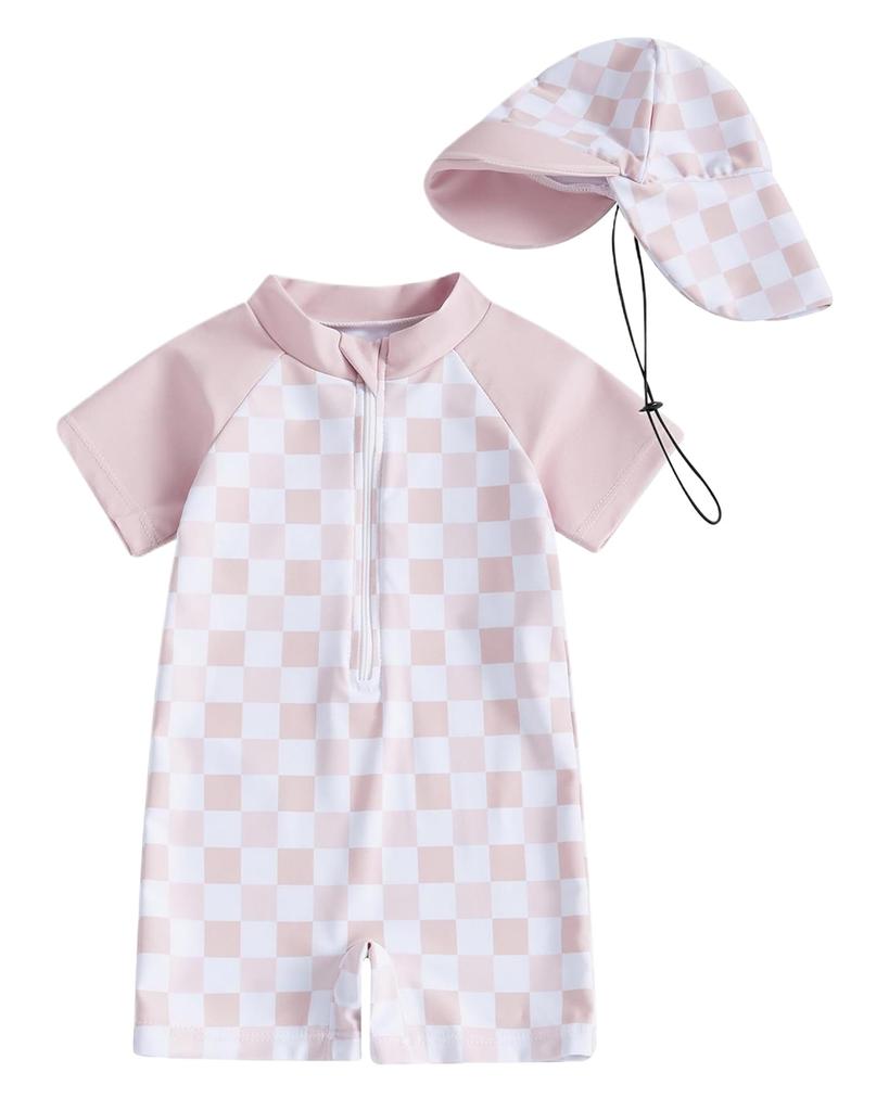 AIEOE Baby Short Sleeve Rash Guard with Romper for Boys and Checkered UV Sun Perfect for Water and Beach Size 110 Swimsuit, One-Piece Hat, Girls,