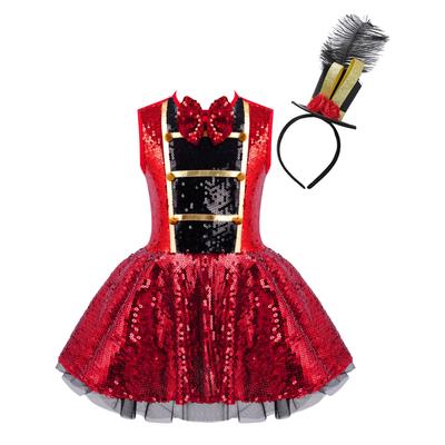 Girls Circus Ringmaster Costumes Shiny Sequins Dress with Mini Top Hat for Halloween Carnival Party Dress Up