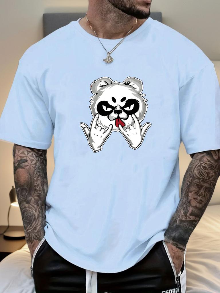 Mens Casual Tshirt Rock Panda Print Short Sleeve Round Neck Breathable Soft Oversized Edgy Trendy Daily Wear Tee