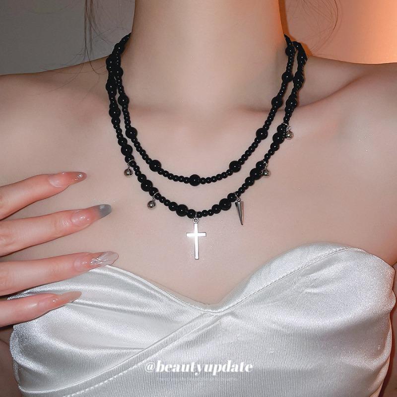 Meier Y2k glass beaded cross pendant necklace - dark aesthetic, unique design, choker style