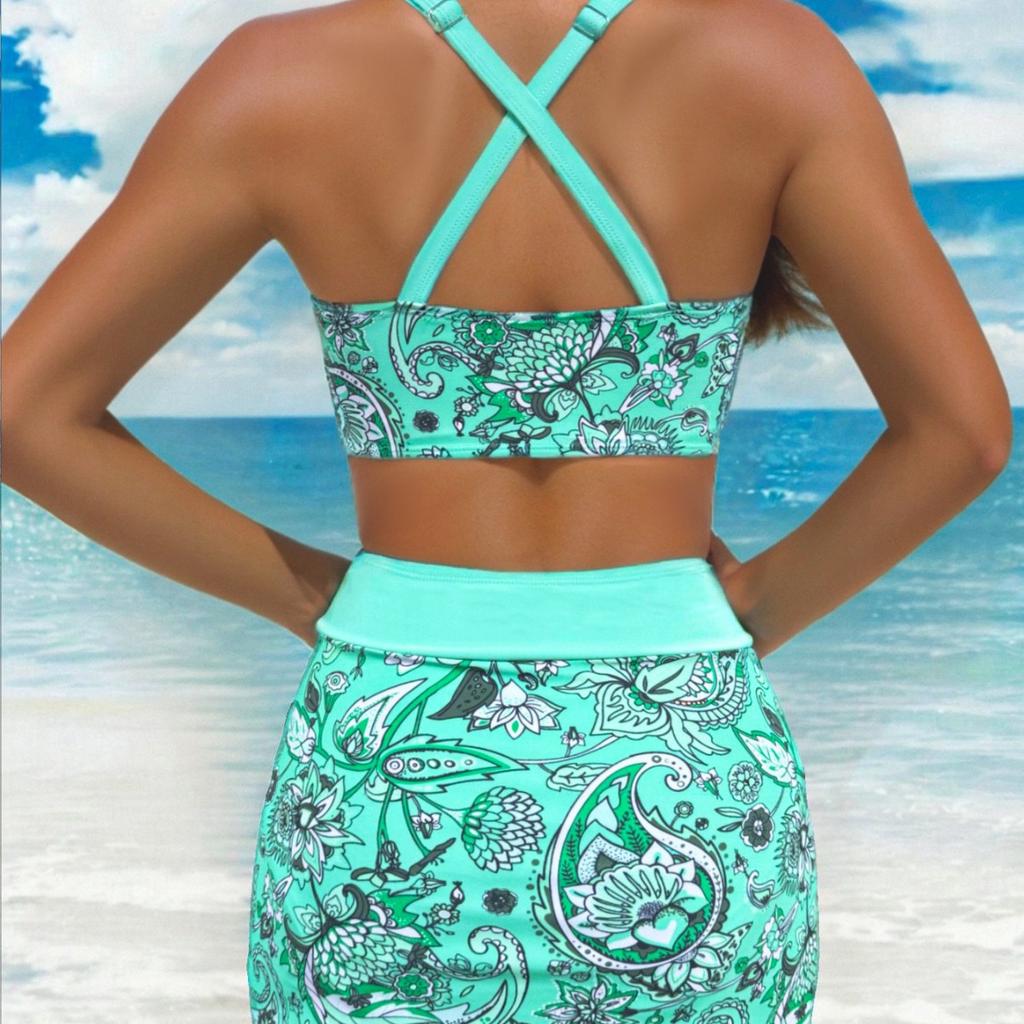 Bikini Due Pezzi Stampa Coulisse Vita Alta Taglie Forti Set Tre Pezzi Elegante
