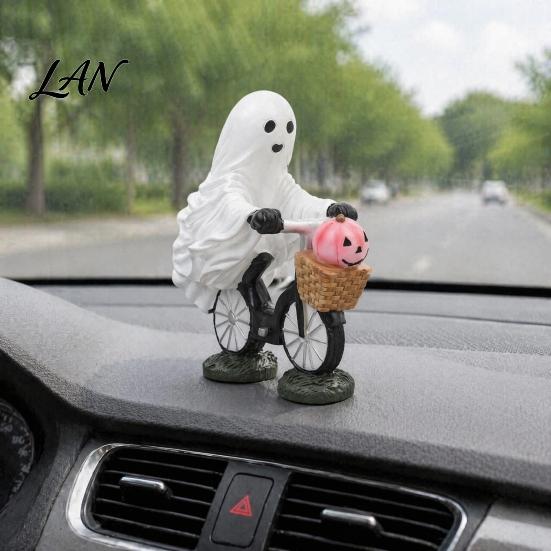 Artistic Halloween Resin Craft Ghost Riding Bicycle Figurine, Spooky Desk Shelf Decor for Funny Rider Desktop Accessory Home Entryway, Hand-Painted