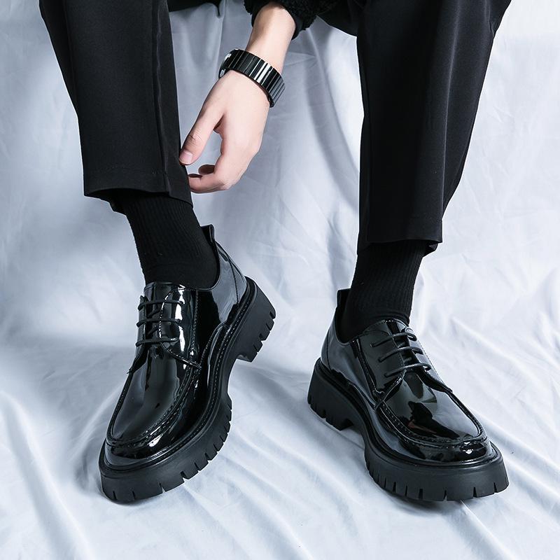 Men's Large Glossy Leather Lace-Up Loafers with Thick Sole and Chunky Heel