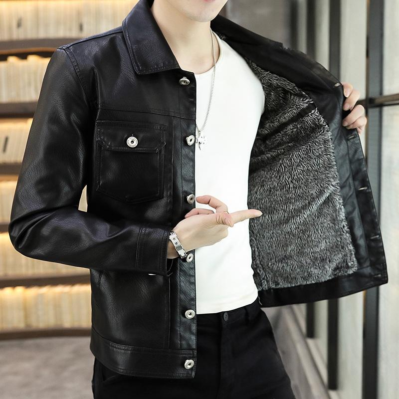 New men's leather jacket, Korean version, slim, trendy, young and handsome, casual winter plus fur collar leather jacket